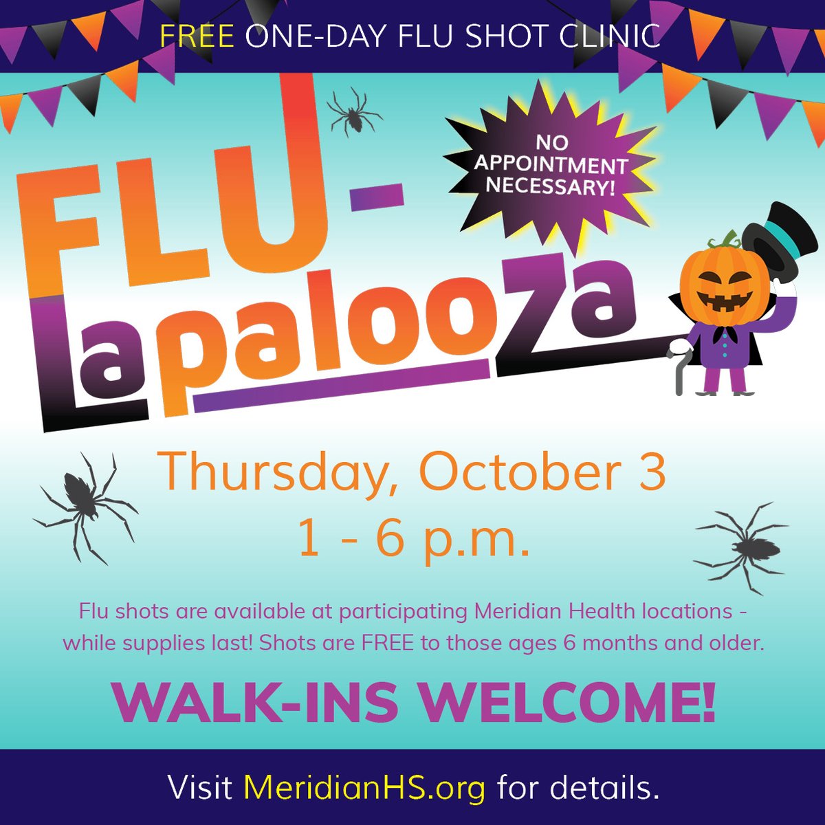 Join us Oct. 3 for our FREE one-day flu shot clinic from 1 – 6 p.m. Shots will be available while supplies last at participating Meridian Health locations.
To find a location near you and learn more visit: bit.ly/3MMnPsO
