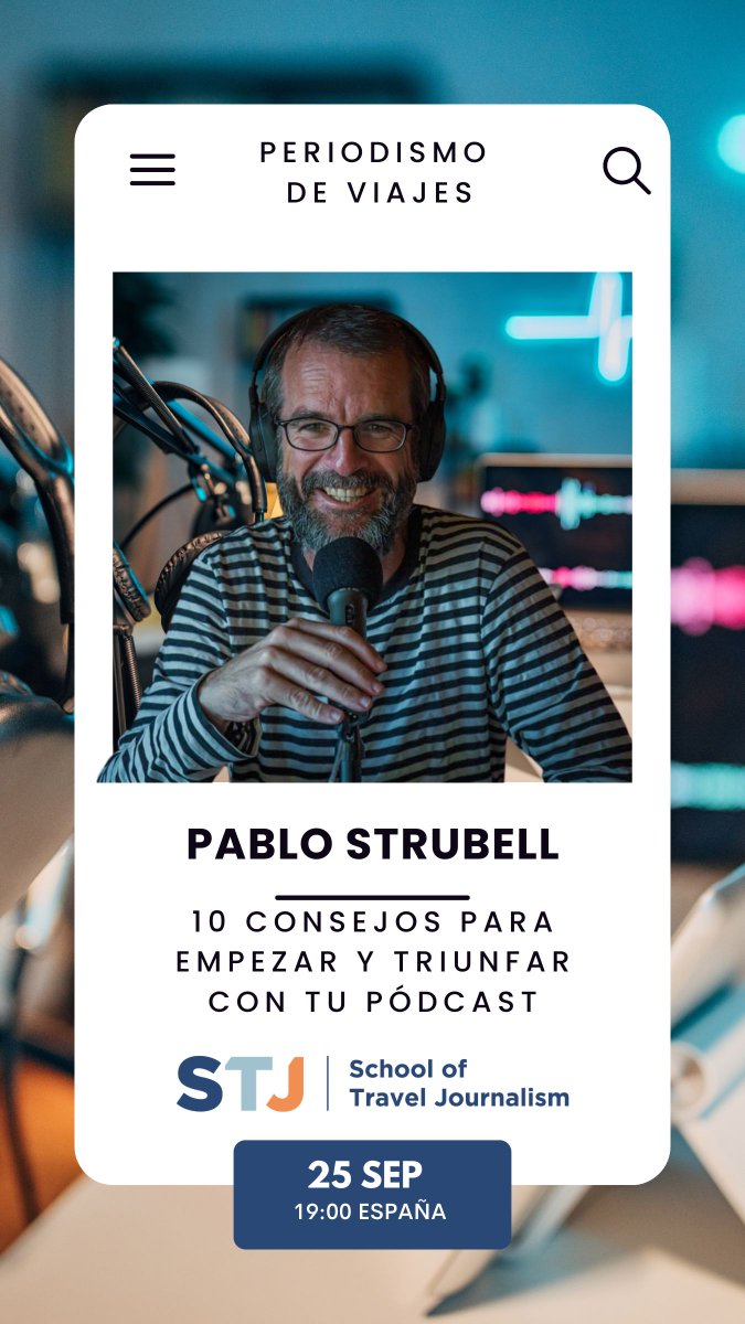 School of Travel Journalism (@schoolstj) on Twitter photo 🚀 ¿Quieres lanzar tu pódcast y hacerlo destacar?
<a href="/PabloStrubell/">Pablo Strubell</a> organizador de <a href="/jgrandesviajes/">Jornadas IATI de los grandes viajes</a> y podcaster en <a href="/ungranviaje_org/">Un gran viaje</a> comparte HOY 10 consejos esenciales para comenzar y triunfar.
schooloftraveljournalism.com/jornadas-de-pu…
¿Te lo vas a perder? 👀👇 🚀 ¿Quieres lanzar tu pódcast y hacerlo destacar?
<a href="/PabloStrubell/">Pablo Strubell</a> organizador de <a href="/jgrandesviajes/">Jornadas IATI de los grandes viajes</a> y podcaster en <a href="/ungranviaje_org/">Un gran viaje</a> comparte HOY 10 consejos esenciales para comenzar y triunfar.
schooloftraveljournalism.com/jornadas-de-pu…
¿Te lo vas a perder? 👀👇