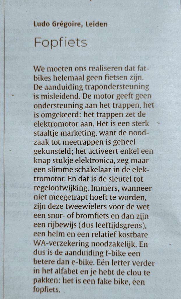 gquerci's tweet photo. #FietsTweet | #FatBike
#F_bike #FakeBike #FopFiets
Geen #TrapOndersteuning, maar #ElektroMotor
Aantrappen in plaats van (verplicht) zèlf trappen
Zie ingezonden brief in @NDnl vandaag.
@2eKamertweets @MinisterIenW @IenWTweedeKamer @fietsersbond @VeiligVerkeer @Verbond @Anwb https://t.co/bEAQD3Fbg0