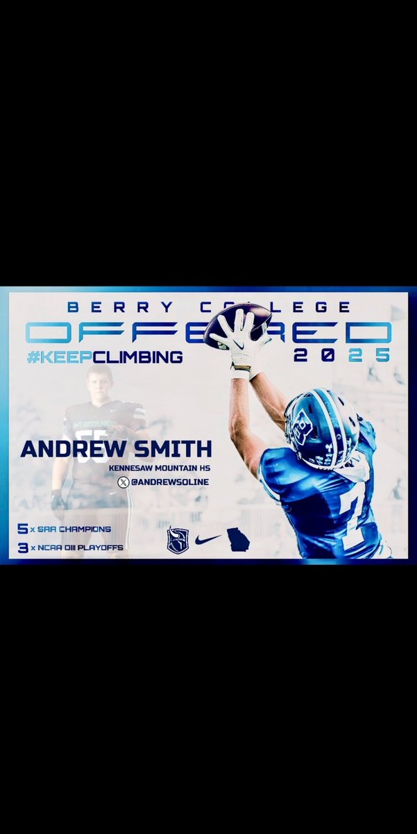 Andrew Smith (@andrewsoline) on Twitter photo After a great conversation with <a href="/BCCoachK/">Tony Kunczewski</a> I am blessed to receive an offer from <a href="/BerryFootball/">Berry Football</a>.
<a href="/CoachJohnSikora/">John Sikora</a> <a href="/coachargote53/">Bryant Argote Jr</a> <a href="/KMHS_FootballGa/">π ππππ πππππ½πΌππ ποΈπ¨</a> <a href="/CoachCarmean/">Caleb Carmean</a> <a href="/adammwilson/">Adam Wilson</a> <a href="/pbyoung77/">Coach Brian Young</a> <a href="/Velocity_FB/">Velocity Football Academyβ’</a> <a href="/RecruitGeorgia/">Recruit Georgia</a> <a href="/NwGaFootball/">NwGa Football</a> <a href="/RustyMansell_/">Rusty Mansell</a> After a great conversation with <a href="/BCCoachK/">Tony Kunczewski</a> I am blessed to receive an offer from <a href="/BerryFootball/">Berry Football</a>.
<a href="/CoachJohnSikora/">John Sikora</a> <a href="/coachargote53/">Bryant Argote Jr</a> <a href="/KMHS_FootballGa/">π ππππ πππππ½πΌππ ποΈπ¨</a> <a href="/CoachCarmean/">Caleb Carmean</a> <a href="/adammwilson/">Adam Wilson</a> <a href="/pbyoung77/">Coach Brian Young</a> <a href="/Velocity_FB/">Velocity Football Academyβ’</a> <a href="/RecruitGeorgia/">Recruit Georgia</a> <a href="/NwGaFootball/">NwGa Football</a> <a href="/RustyMansell_/">Rusty Mansell</a>