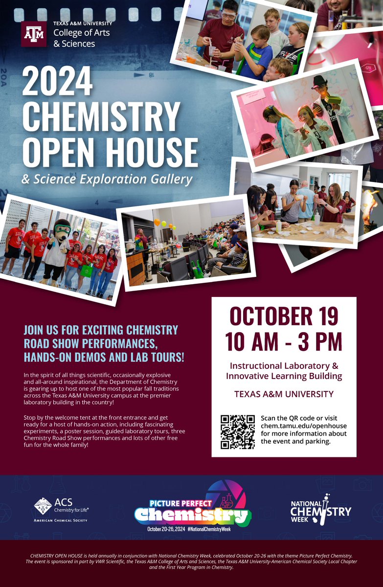 Join us for exciting Chemistry Road Show Performances, experiments, lab tours, and more Saturday, October 19 from 10 AM - 3 PM at the Instructional Laboratory and Innovative Learning (ILSQ) Building for our 2024 Chemistry Open House!
