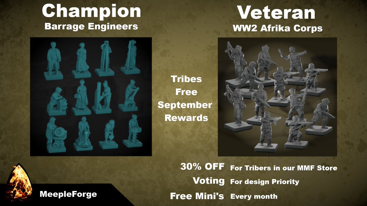 Last few days to get the Tribes September STLs free. Champion Tribers receive 12 Engineer models for Barrage or similar games. Veteran Tribers receive 12 Afrika Korps Models for 15mm WW2 wargames. myminifactory.com/users/meeplefo…
