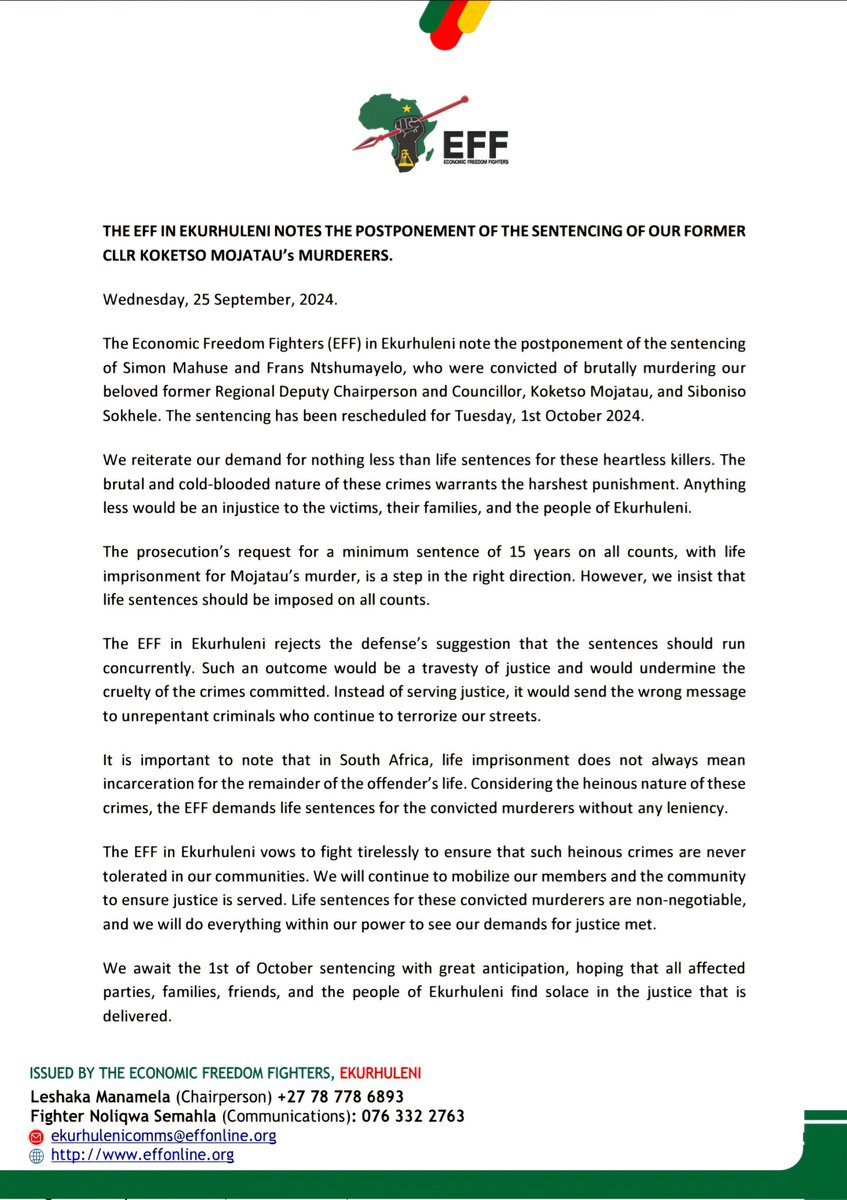 EkurhuleniE's tweet image. THE EFF IN EKURHULENI NOTES THE POSTPONEMENT OF THE SENTENCING OF OUR FORMER CLLR KOKETSO MOJATAU'S MURDERERS.