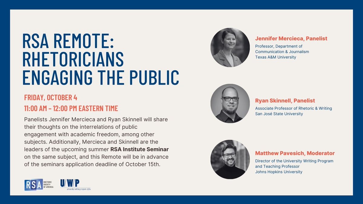 RSA (@rhetsoc) on Twitter photo Join us on October 4 for our next installment of RSA Remote: Rhetoricians Engaging the Public. Panelists <a href="/jenmercieca/">Jennifer Mercieca is at the BLUE place</a> and <a href="/rhetrickery/">Dr. Ryan Skinnell</a> will share their thoughts on the interrelations of public engagement and academic freedom. Register today! #teamrhetoric bit.ly/rsaremote102024 Join us on October 4 for our next installment of RSA Remote: Rhetoricians Engaging the Public. Panelists <a href="/jenmercieca/">Jennifer Mercieca is at the BLUE place</a> and <a href="/rhetrickery/">Dr. Ryan Skinnell</a> will share their thoughts on the interrelations of public engagement and academic freedom. Register today! #teamrhetoric bit.ly/rsaremote102024
