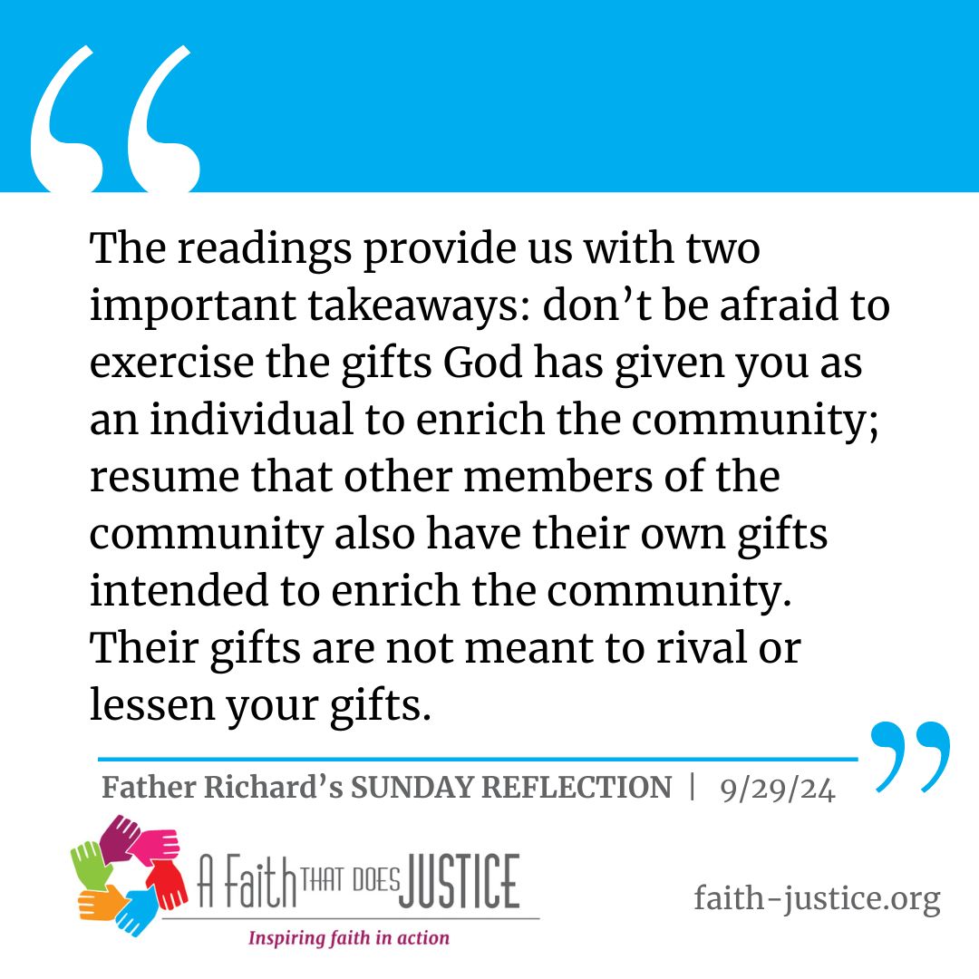 Today’s readings are about spiritual gifts given to individuals and generosity toward the community,  topics not often discussed together. Read the full reflection here: faith-justice.org/their-gifts-ar…