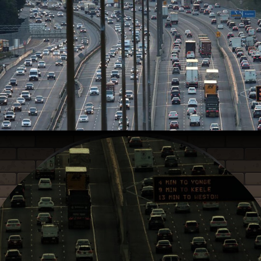 A picture of the 401 clogged with traffic and a proposed 401 tunnel clogged with traffic. 