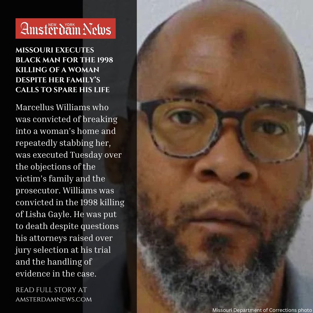 "Missouri lynched another innocent Black man.” - <a href="/NAACP/">NAACP</a> President <a href="/DerrickNAACP/">Derrick Johnson</a> #Marcellus Williams was convicted in the 1998 killing of Lisha Gayle. He was put to death despite questions raised over jury selection and the handling of evidence. Read more: bit.ly/3BiznSm