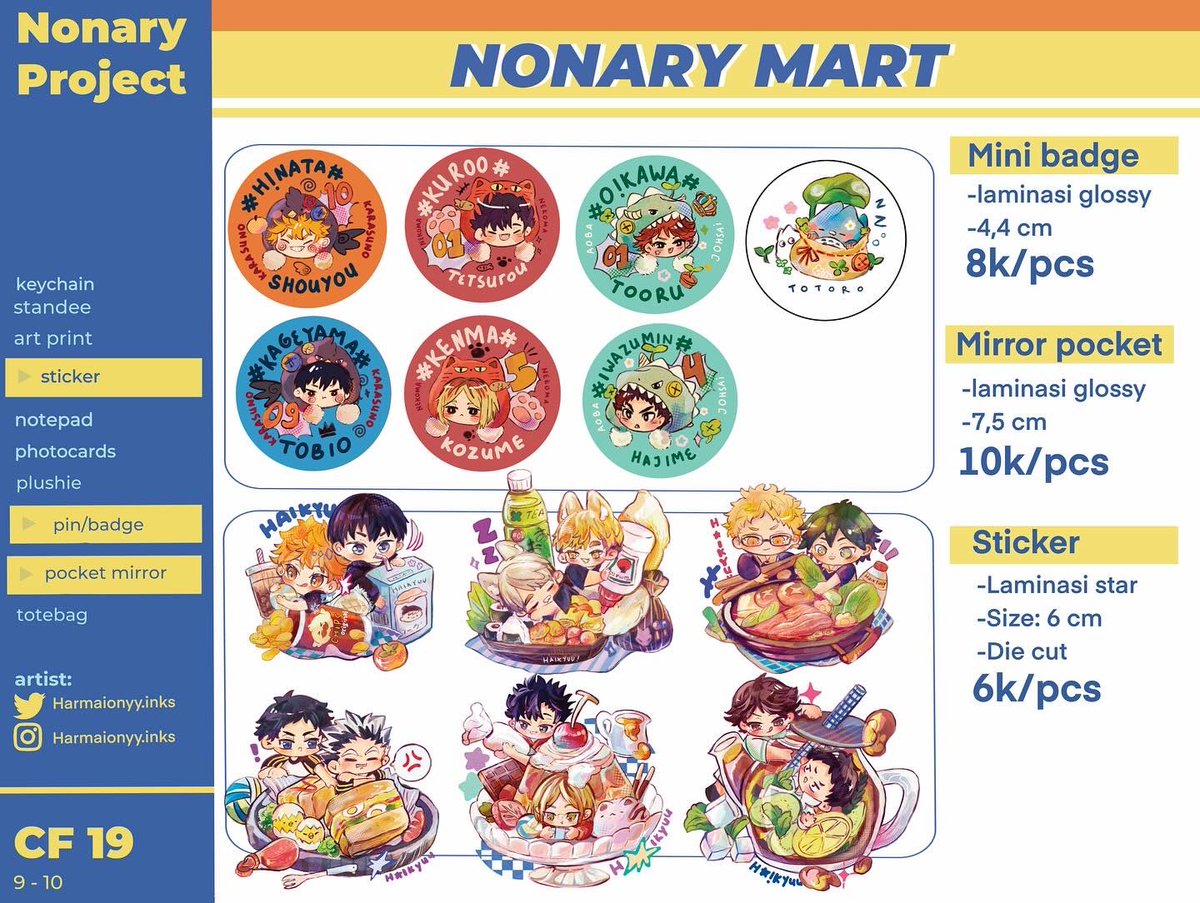 bymaii_'s tweet photo. Harmaionyy.Inks x Nonary mart PO batch 01 for #cf19 is now open!
📆 25 September - 5 October 2024
📩📦Mail order/pick up both days!
📝 Haikyuu, Ghibli, and original merch~! 
PO link in my bio😉 HAPPY SHOPPING OR (HAPPY SELF REWARD?)😌🛍️

#cf19 #Haikyuu #haikyuufanart #ghibli https://t.co/MdcjgCiKie