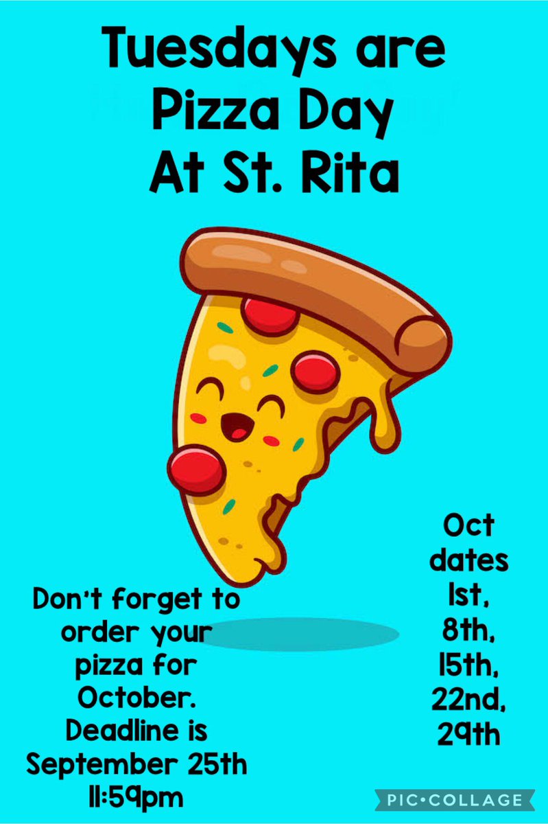 Ms. Lucy (@mslucy80) on Twitter photo Hey <a href="/StRitaRock1/">St. Rita Rock</a> families
Just a friendly reminder today is the last day to order your October pizza lunch.
Deadline is September 25th 11:59pm TODAY! Hey <a href="/StRitaRock1/">St. Rita Rock</a> families
Just a friendly reminder today is the last day to order your October pizza lunch.
Deadline is September 25th 11:59pm TODAY!