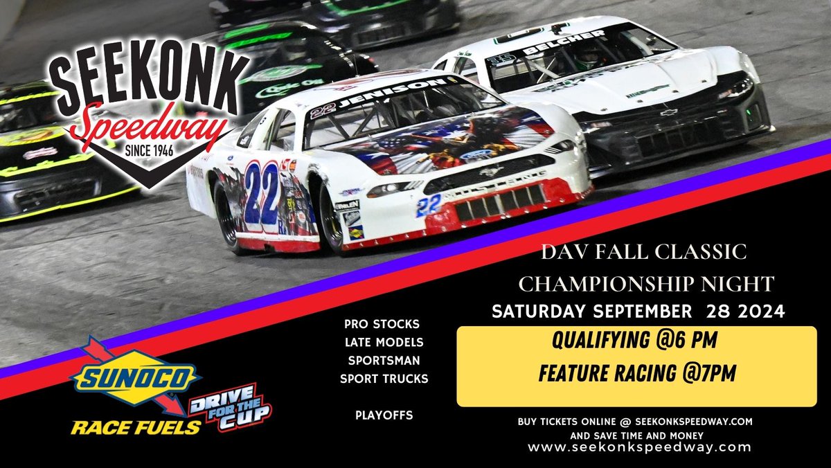 D.A.V. Championship Weekend To Crown 2024 Seekonk Speedway Champions September 27-28  🏁🏁🏁 - mailchi.mp/seekonkspeedwa…