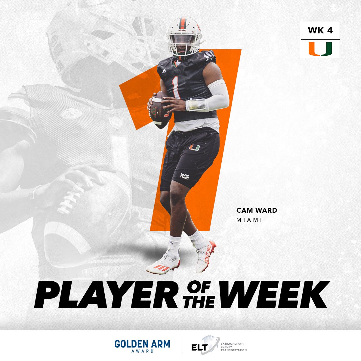 Cam Ward is Miami Magic 🪄

Ward threw for 404 yards on 71% completion in Miami's game against South Florida to bring the Hurricanes to 4-0 and win the Extraordinar Luxury Transportation Player of the Week honors for week 4.