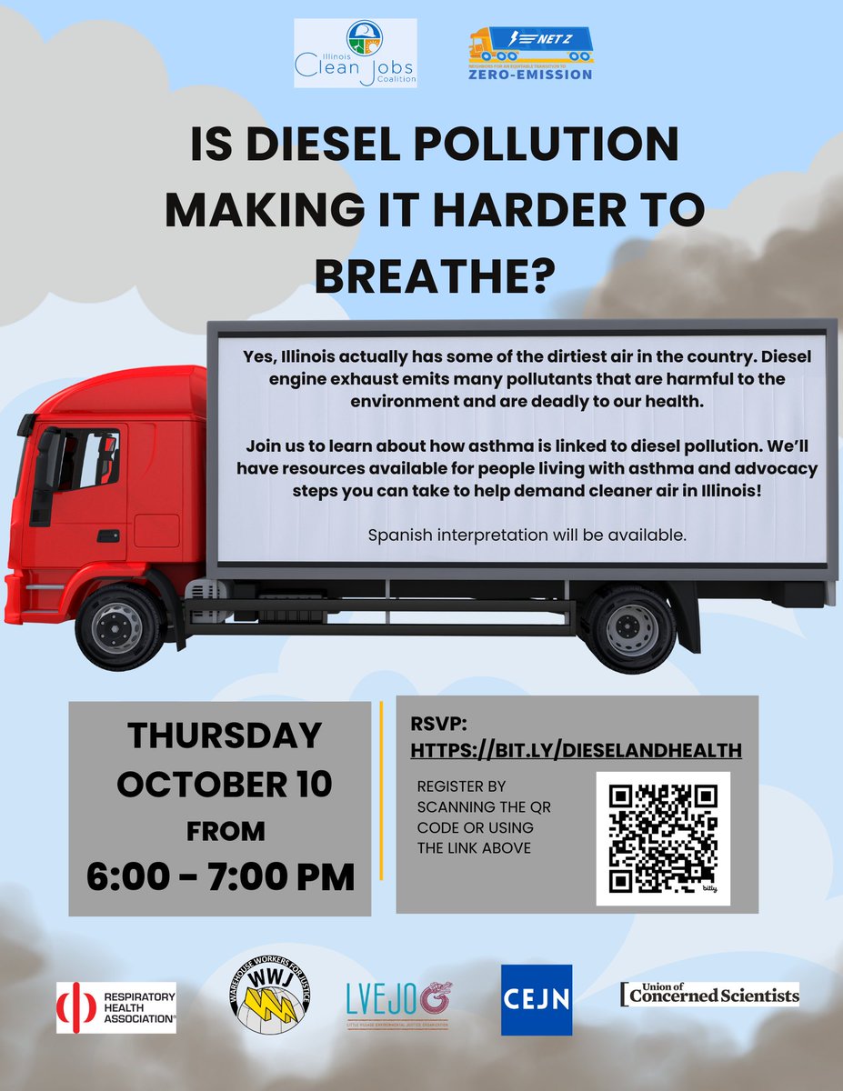 Did you know that diesel pollution is directly linked to serious health conditions like asthma? Join us on 10/10 at 6pm CT to discuss ways to care for your asthma and take advocacy steps to reduce diesel pollution in your community! Register here: bit.ly/dieselandhealth