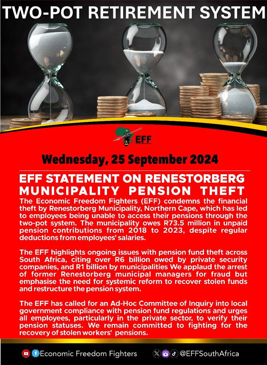 EFFSouthAfrica's tweet image. EFF STATEMENT ON RENESTORBERG MUNICIPALITY PENSION THEFT

The Economic Freedom Fighters (EFF) condemns the financial theft by Renestorberg Municipality, Northern Cape, which has led to employees being unable to access their pensions through the two-pot system. The municipality…