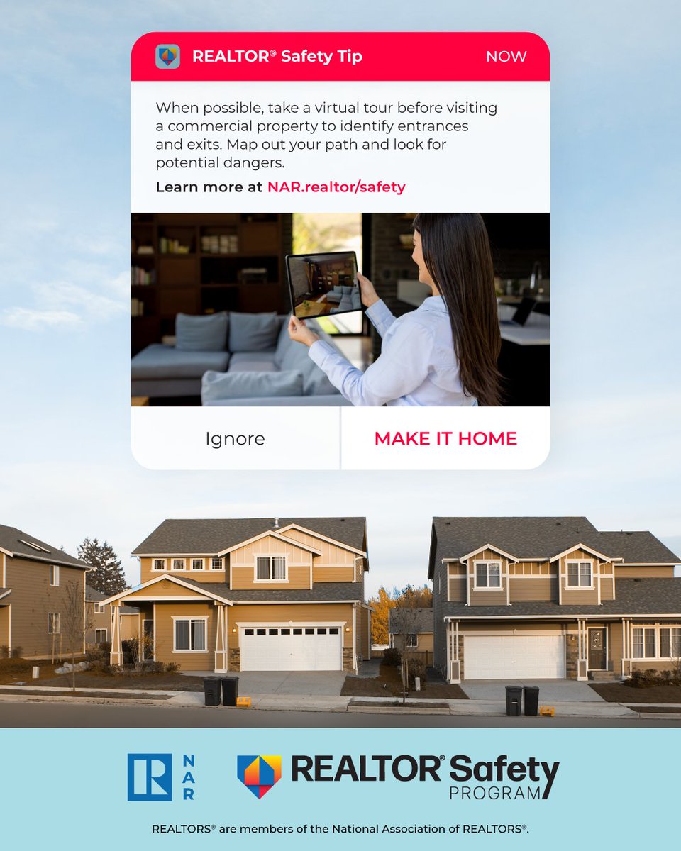 GBRREALTORS's tweet image. When possible, take a virtual tour before visiting a commercial property to identify entrances and exits. Map out your path and look for potential dangers.

#REALTORSafetyMonth  #VirtualTourTips #SafePropertyVisits #RealEstateSafety