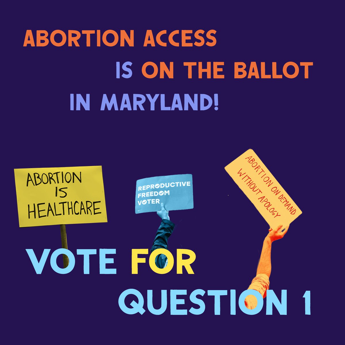 Do you know that abortion access is on the ballot in MD this election?!

Question 1 will enshrine the right to reproductive freedom in the state constitution – the strongest protection of the right to an abortion that the state can create!

Spread the word: vote FOR Question 1!