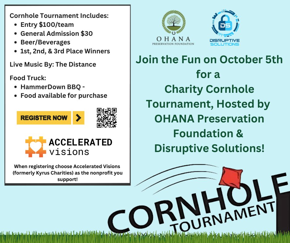 11 days out! 🎉 Grab a teammate and sign up for our Cornhole Tournament ($100/team). 🏆 Prizes awarded for 1st, 2nd, and 3rd place!

Not playing? No problem! The event is open to all – come enjoy a day of fun, good food and live music! 

Register now: givebutter.com/53U63q