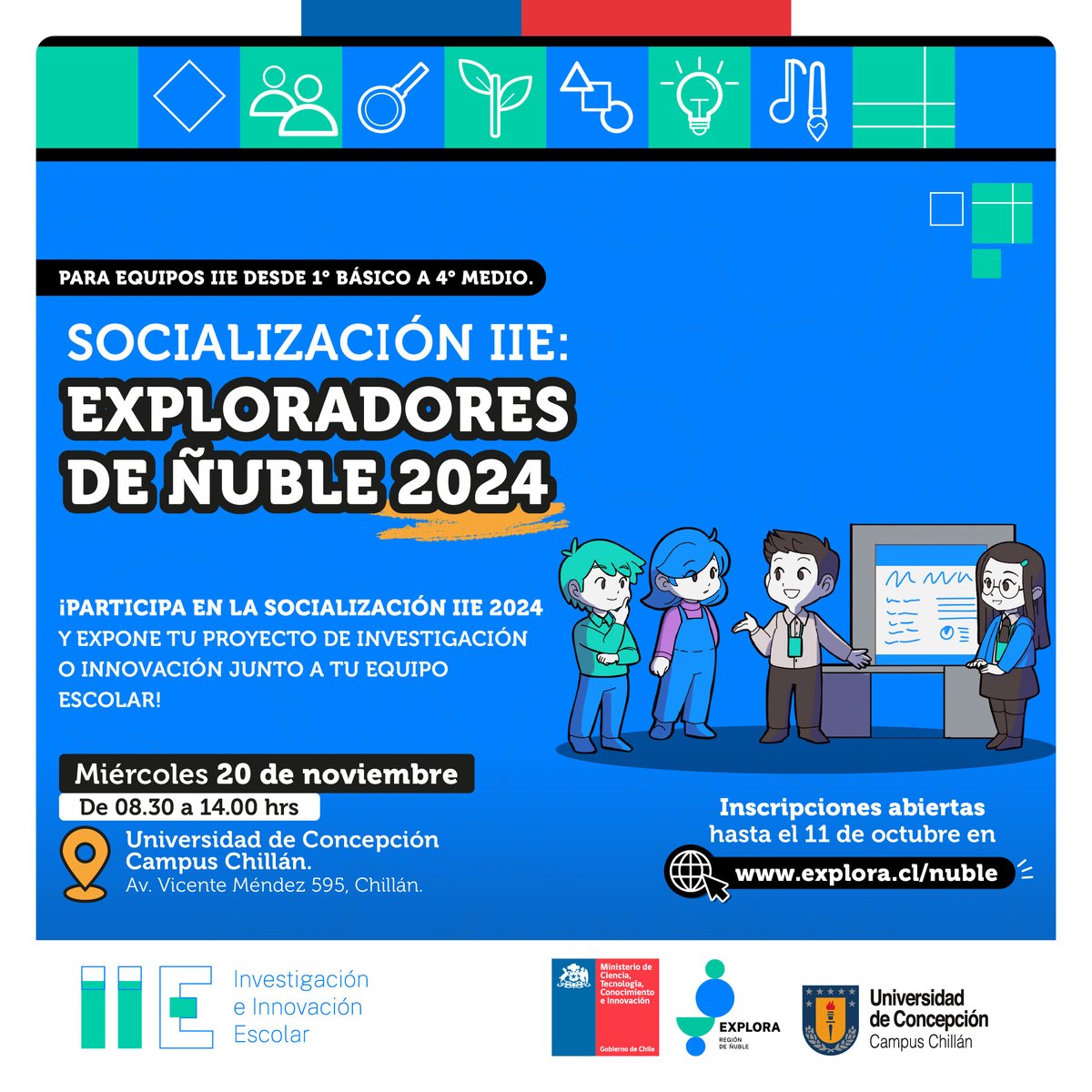 ✨  Te invitamos a participar en la Convocatoria de Socialización:  "Exploradores de Ñuble 2024" 🌟 Un espacio donde estudiantes de esta  región, desde 1° Básico a 4° Medio, podrán compartir los resultados de sus  proyectos científicos y de innovación elaborados en el año.💡