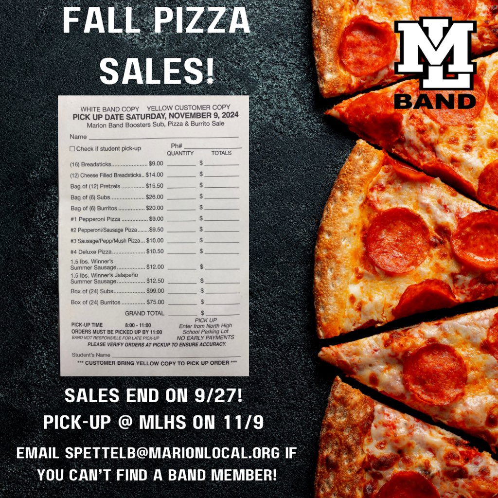 mlbandprogram's tweet image. Don’t forget that all pizza sale orders need to be submitted by Friday, September 27th! If you haven’t seen a band member for an order slip, email Mr. Spettel or DM the ML Band social media accounts on Facebook, Instagram, or X! Thank you for supporting the band program!