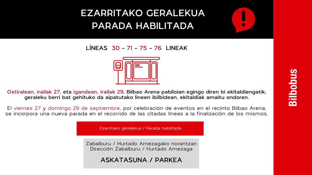 ⚠️❗ Adi! Irailaren 27 eta 29an, zerbitzu berezi hauek eskainiko dira <a href="/BilbaoArena/">Bilbao Arena</a>|n emango diren ekitaldiengatik.
#ZurekinMugitzenGara
—
⚠️❗ ¡Atención! El 27 y 29 de septiembre se habilitan estos servicios especiales por los eventos que habrá en <a href="/BilbaoArena/">Bilbao Arena</a>.
#NosMovemosContigo