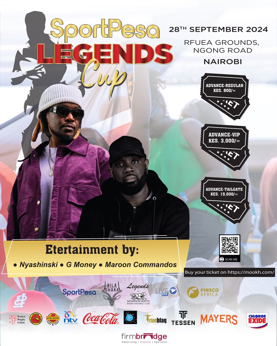 Nyashinski, Maroon Commandos, G-Money... sounds like a plan? Of course it does, tunaipiga kama zamani! Flash sale still ongoing, grab your regular tickets for 500 bob now - mookh.com/event/kenya-le… #SportPesaLegendsCup #KEvUGLegends