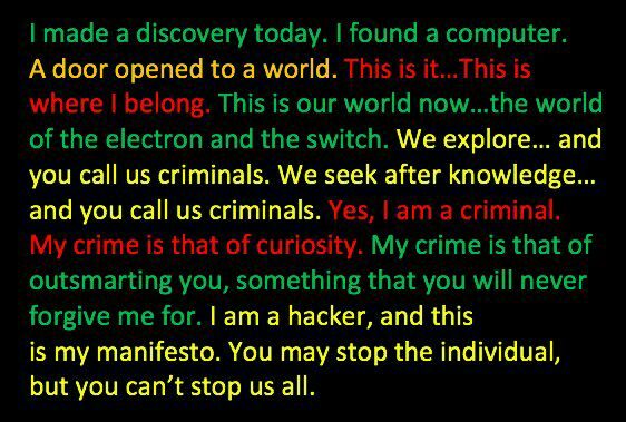 1986: "The Hacker Manifesto" was published by The Mentor (Loyd Blankenship) in issue 7 of the hacker zine Phrack. It was originally titled "The Conscience of a Hacker".

Read it.
Reread it.
Contemplate it.
Share it.

Excerpts below. Full manifesto: phrack.org/issues/7/3.htm…