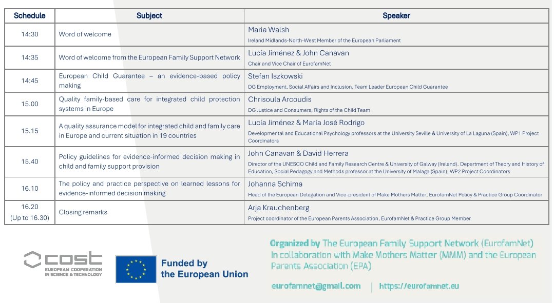 The agenda for our Open Policy event "Quality Assurance in Child and Family Support in #Europe. Policy lessons for evidence-informed decision making"  #QAFamilySupportEU is now available.

📍Face-to-face in #brussels or online
👉Free registration: forms.gle/xEv6ZSznMf6oVY…
