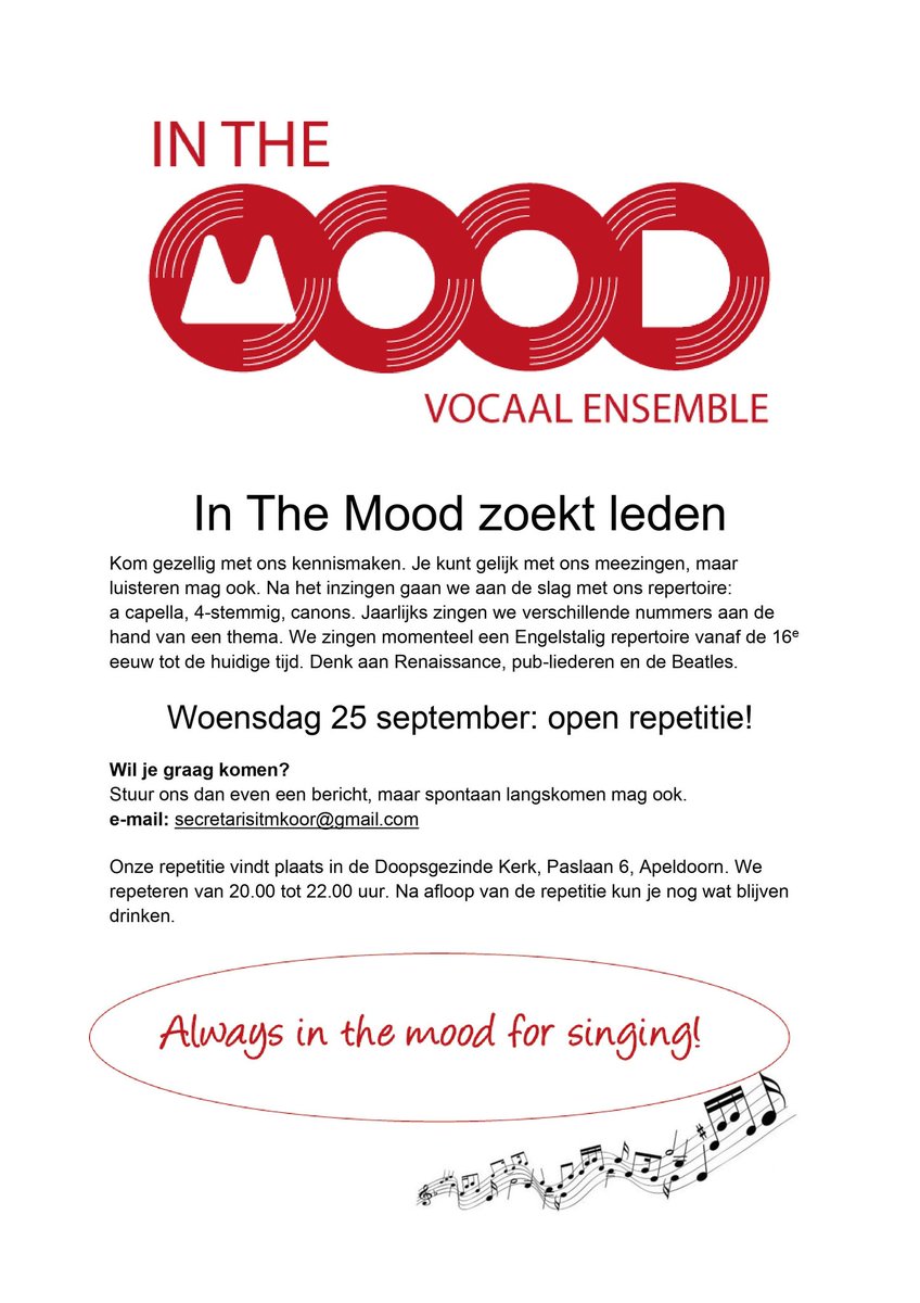 Vanavond Open repetitie bij In the Mood, kom gezellig langs!