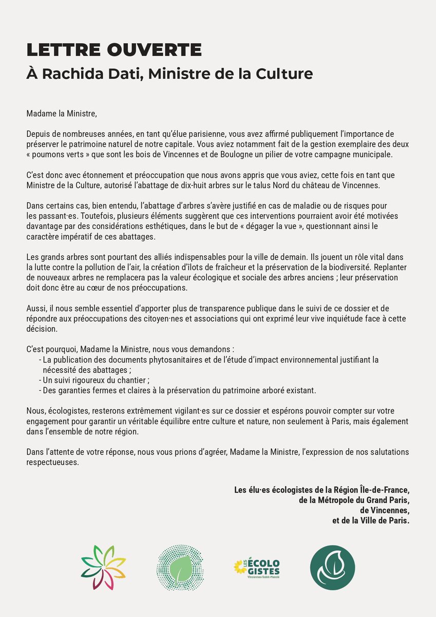 Quentin Bernier-Gravat (@berniergquentin) on Twitter photo L'abattage d'arbres doit être la solution de dernier recours.
Face aux informations contradictoires de la Maire de Vincennes nous demandons, avec <a href="/PoleEcolo_IDF/">Pôle Écologiste IDF</a> @EcoloParis75 et <a href="/ecolo_mgp/">@EcoloMGP</a> la transparence sur le sujet à Madame Dati.
<a href="/EELV_Vincennes/">Les Écologistes - Vincennes/Saint-Mandé</a>
<a href="/jeunesecolosIDF/">Jeunes Écologistes Île-de-France</a> L'abattage d'arbres doit être la solution de dernier recours.
Face aux informations contradictoires de la Maire de Vincennes nous demandons, avec <a href="/PoleEcolo_IDF/">Pôle Écologiste IDF</a> @EcoloParis75 et <a href="/ecolo_mgp/">@EcoloMGP</a> la transparence sur le sujet à Madame Dati.
<a href="/EELV_Vincennes/">Les Écologistes - Vincennes/Saint-Mandé</a>
<a href="/jeunesecolosIDF/">Jeunes Écologistes Île-de-France</a>