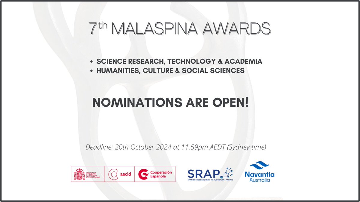SRAP-IEAP (@srap_ieap) on Twitter photo 🚨 Nominations OPEN for the 7th Malaspina Awards!
The <a href="/EmbEspAustralia/">Embajada España en Australia - Embassy of Spain AU</a> & @Srap_ieap invite you to nominate an individual or organisation advancing Spain-Australia relations in culture, science, research, & tech.
Submit your nominations today! 🌟
#MalaspinaAwards #Research 🚨 Nominations OPEN for the 7th Malaspina Awards!
The <a href="/EmbEspAustralia/">Embajada España en Australia - Embassy of Spain AU</a> & @Srap_ieap invite you to nominate an individual or organisation advancing Spain-Australia relations in culture, science, research, & tech.
Submit your nominations today! 🌟
#MalaspinaAwards #Research