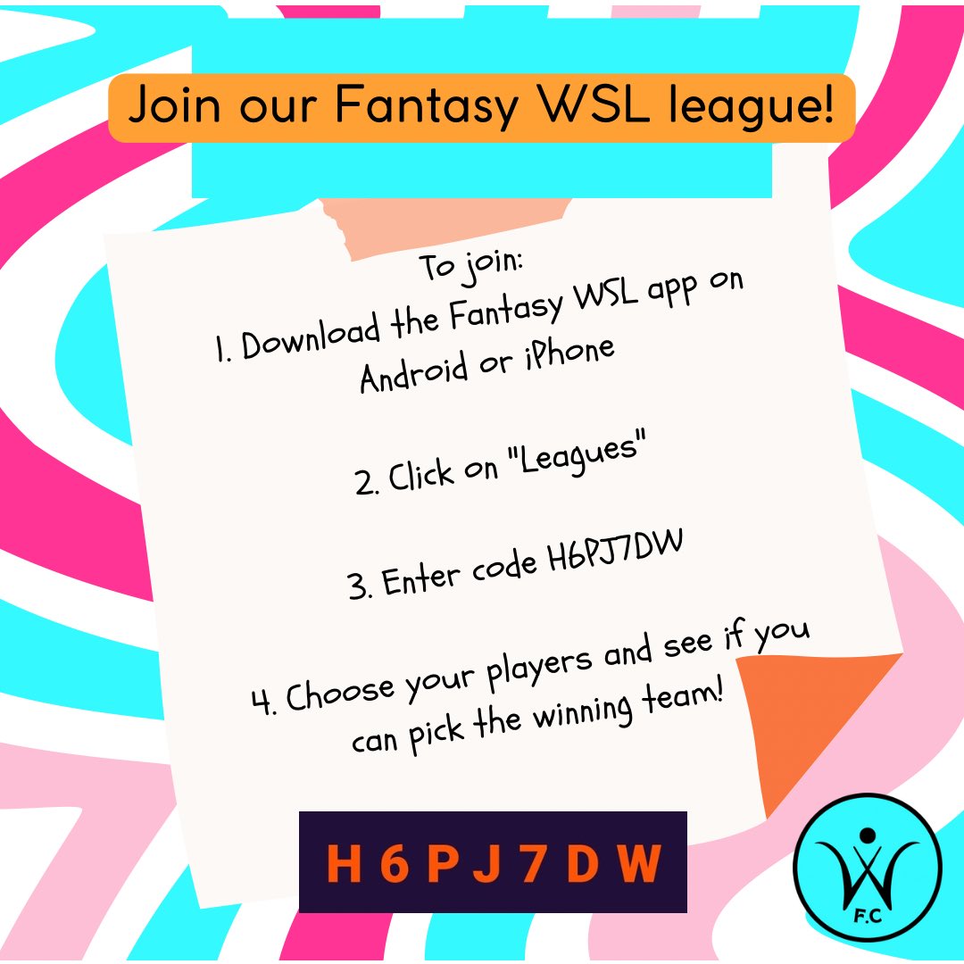 Womens_FC's tweet photo. There are 96 players in our @playfantasywsl league - can we make it to 100? 👀🙏

Code to join: H6PJ7DW https://t.co/QmwiENwzGT