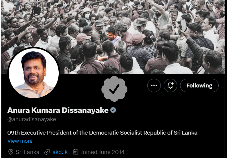 SriLankaTweet's tweet photo. President Anura Kumara Dissanayake's official X (formerly Twitter) handle has received the grey checkmark, signifying it represents a verified heads of state / government official.
@anuradisanayake ☑️
#SriLanka #LKA #Verified #GreyCheckmark ✔️ https://t.co/UFgtLDxo9d