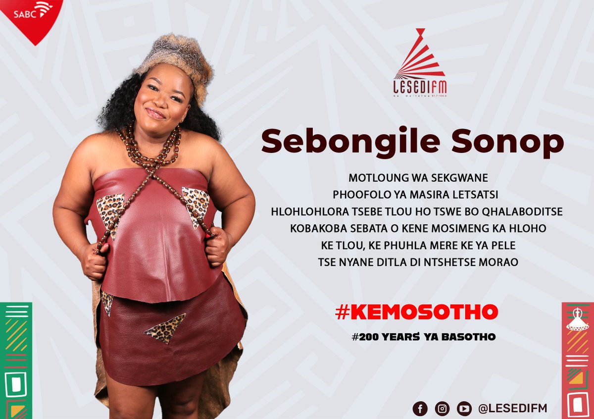 LesediFM's tweet photo. Sebongile Sonop #KeMosotho.
Seboko sa hao ke mang ? Ipolele.
#200YearsYaBasotho #KeMollelwa #KgwediYaBotjhaba https://t.co/BPKAcmZzmO