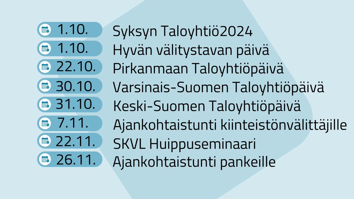 Järjestämme huoneistotietojärjestelmään liittyen syksyn aikana webinaareja ja olemme mukana lukuisissa sidosryhmiemme läsnätapahtumissa.  
 
Lue lisää tänään saapuneesta huoneistotietojärjestelmän uutiskirjeestä!  

#MMLtapahtumat #huoneistotietojärjestelmä
