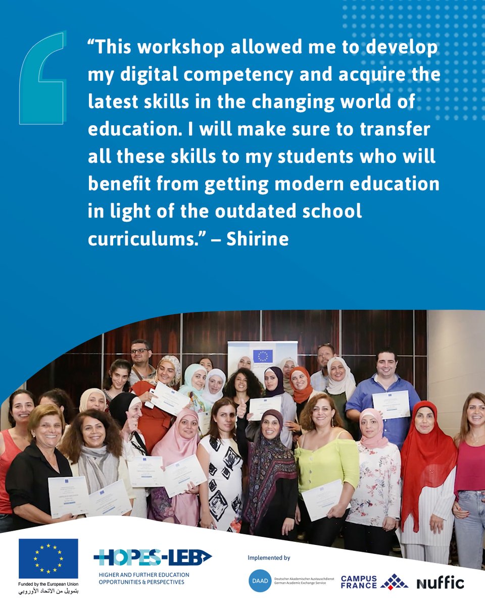 HOPESMadad's tweet photo. A glimpse on the projects implemented within the scope of the “Funding for Training and Capacity Building” component of the #HOPESLebProject funded by the @EUinLebanon: Towards Better Education by CLS
@DAAD_Germany
@CampusFrance
@Nuffic https://t.co/KsQa2FVaKV