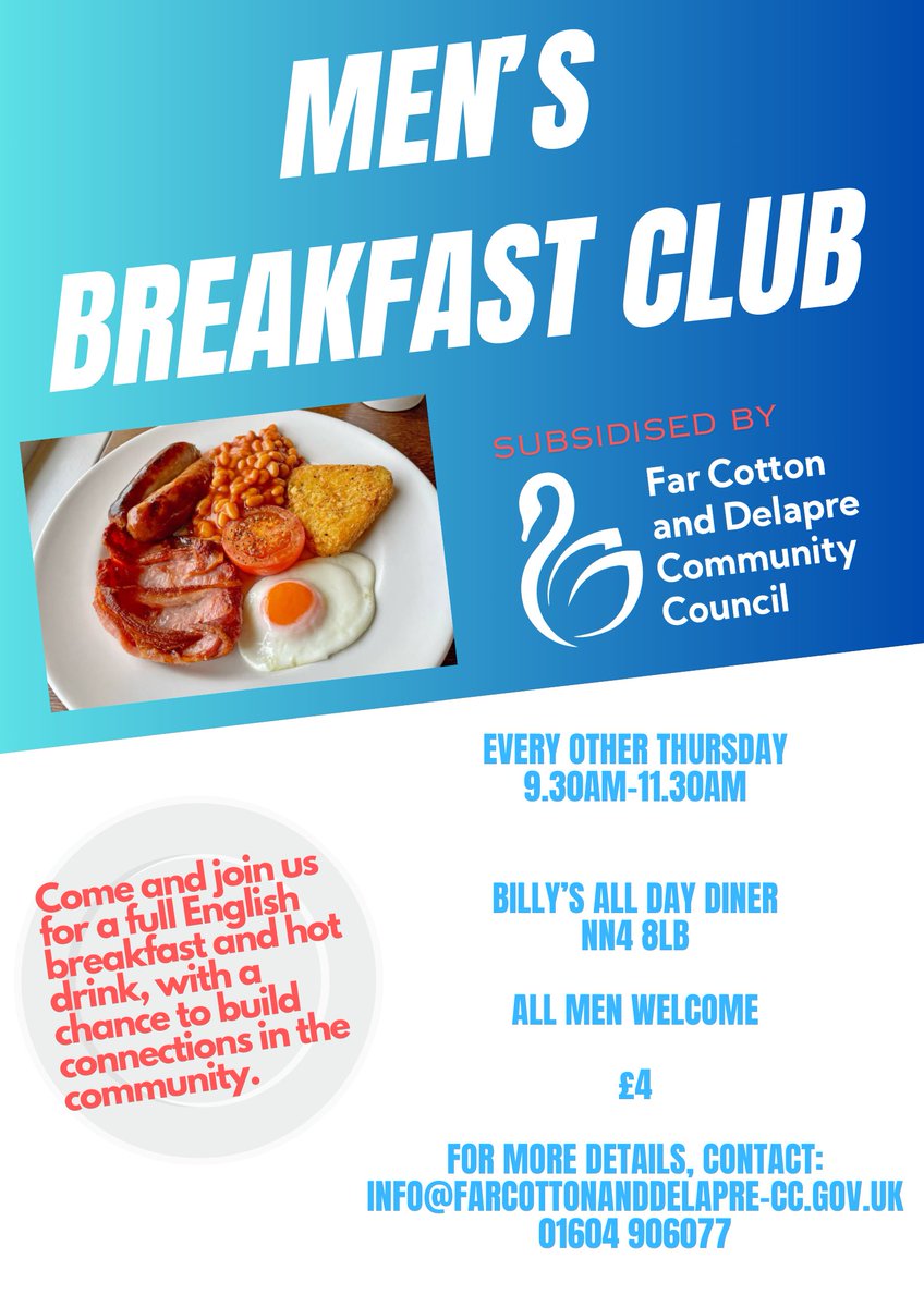 Men's Breakfast is back on tomorrow, 9.30am, Billy's All Day Diner, Towcester Road.