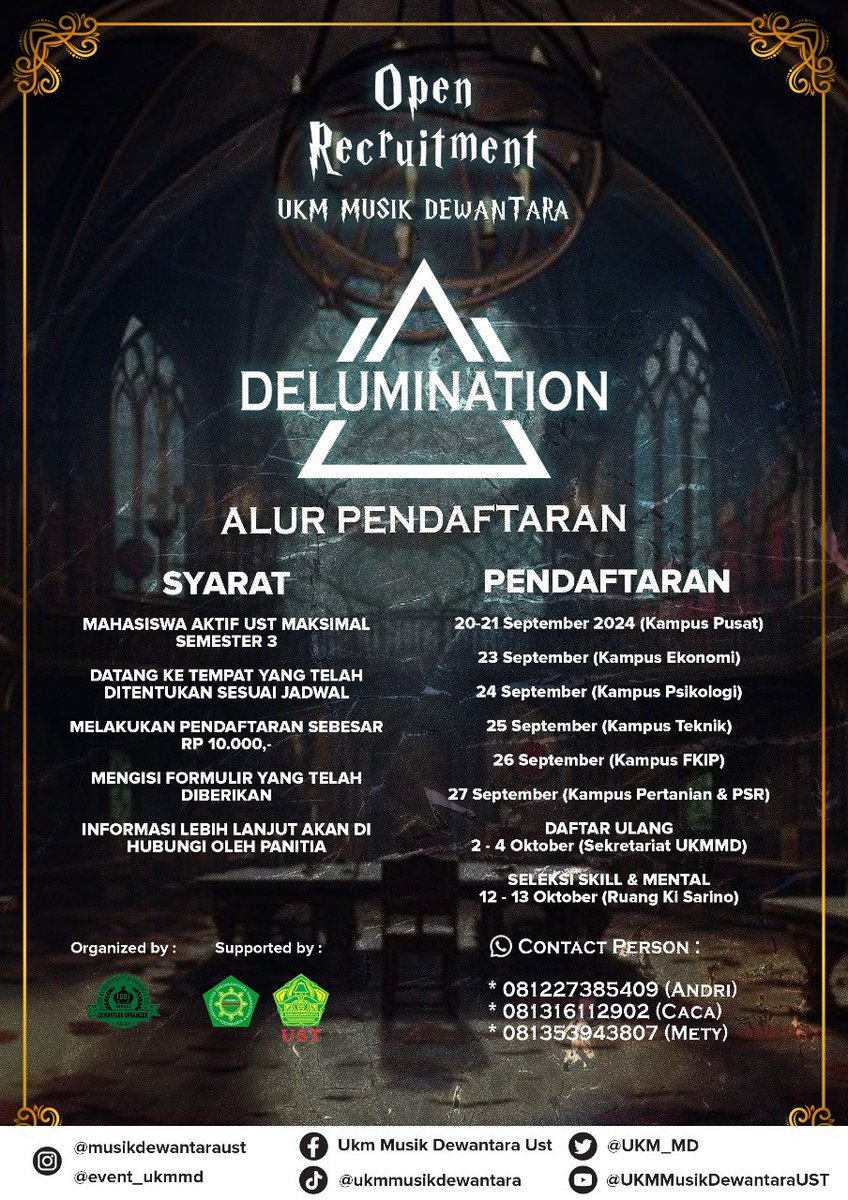 SALAM MUSIK!!!

✨ PENDAFTARAN UKM MUSIK DEWANTARA 2024 ✨

Daftar sekarang dan temukan keseruan-keseruan yang jarang kalian dapatkan! 🔥

⚠ Jangan lupa cek tempat &amp; tanggal pendaftarannya! Jangan sampai terlewat kesempatan emas ini untuk bergabung dengan UKM Musik Dewantara! 🎶