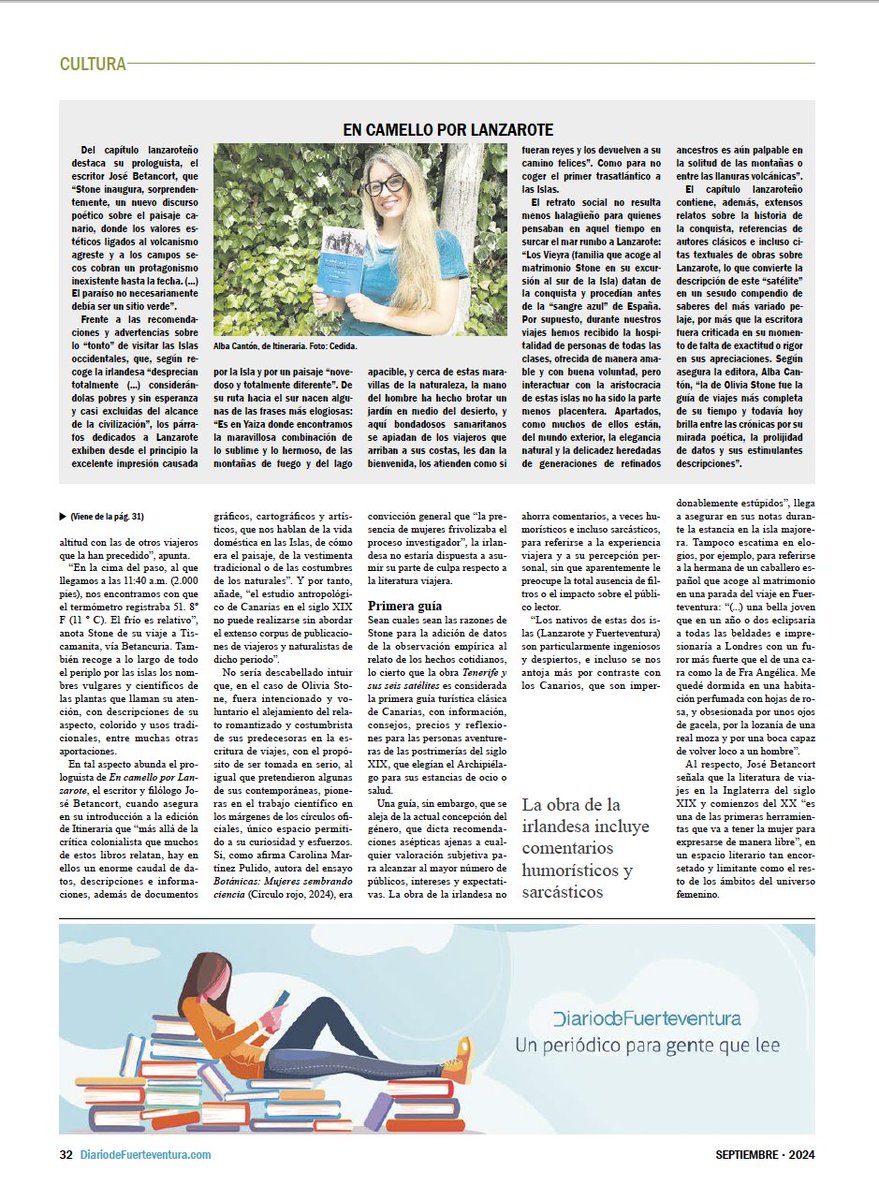 itineraria (@itineraria_) on Twitter photo Tres páginas sobre la mirada de las viajeras, sobre Olivia Stone y su periplo por las Islas Canarias en los periódicos <a href="/DLanzarote/">diariodelanzarote</a> y Diario de Fuerteventura en el número de este mes de septiembre. Un precioso reportaje de <a href="/MyriamYbot/">myriam ybot</a> 🐪 Tres páginas sobre la mirada de las viajeras, sobre Olivia Stone y su periplo por las Islas Canarias en los periódicos <a href="/DLanzarote/">diariodelanzarote</a> y Diario de Fuerteventura en el número de este mes de septiembre. Un precioso reportaje de <a href="/MyriamYbot/">myriam ybot</a> 🐪