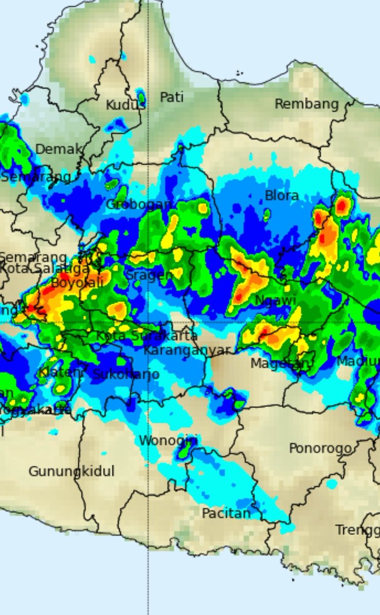 Update: Hujan deras terpantau di Jakarta. Merata. Hujan deras juga teramati di Boyolali, Salatiga, Magetan, Madiun. Apakah telah tiba musim hujan? Secara angin, masih konsisten Monsun timuran atau kemarau. Meski demikian, pelemahan siklon tropis di utara bikin konvergensi di RI.