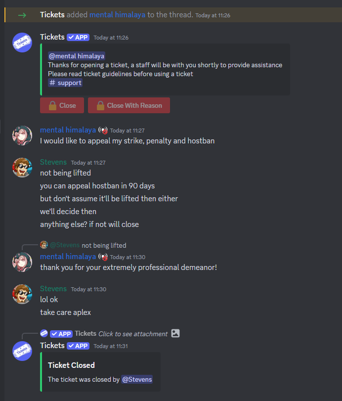 APXMK's tweet photo. glad to see that lounge staff members are as respectful as ever! Instead of having a mature conversation, it seems customary to instead talk down to players who just want to discuss the punishment they received. Never thought I'd see the day but fal might've been right LOL https://t.co/XUiHYuuptH