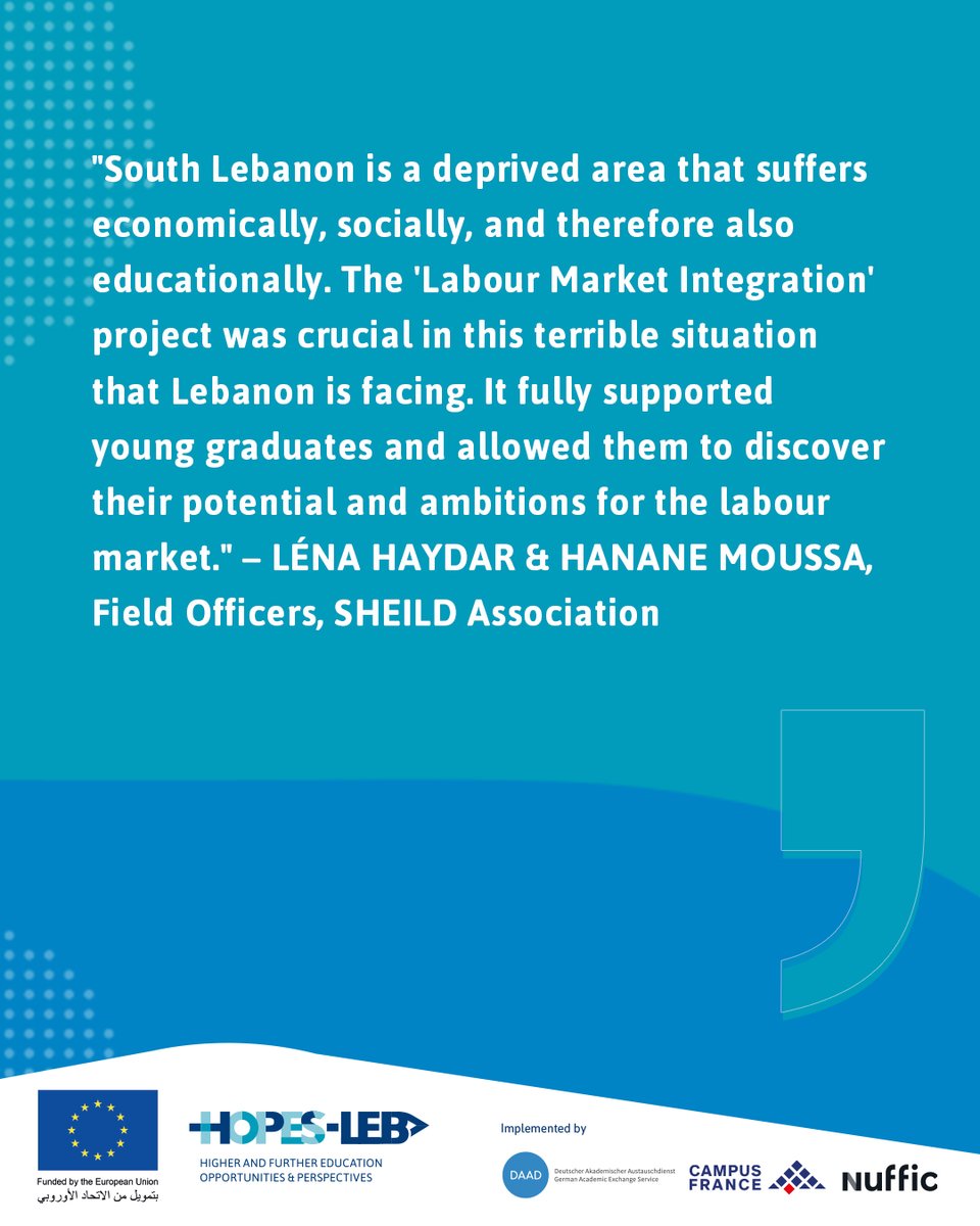 A glimpse on the projects implemented within the scope of the “Funding for Training and Capacity Building” component of the #HOPESLEBproject funded by the <a href="/EUinLebanon/">EU in Lebanon</a> : Labour Market Integration Project by Shield and USJ.

<a href="/DAAD_Germany/">DAAD News</a> <a href="/CampusFrance/">Campus France</a> <a href="/Nuffic/">Nuffic</a>