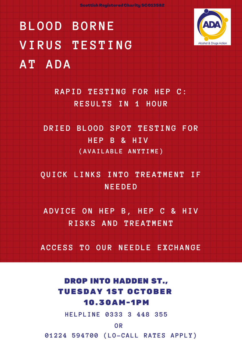 AlcDrugsAction's tweet photo. We have another date for our blood testing clinic. For more information, email info@alcoholanddrugsaction.org.uk or phone 01224 594700 (lo-call rates apply) or text us on 07927 192 706. #dbst #hiv #hepc #hepa #hepb #confidential #aberdeen https://t.co/l60CpwuQtq