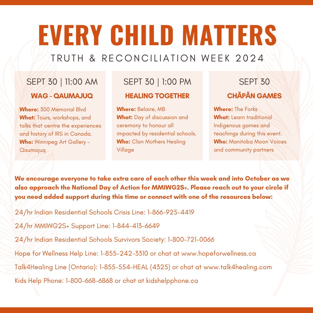 Ma_Mawi's tweet image. With the National Day for Truth and Reconciliation less than a week away, there are many opportunities around Winnipeg to learn our history, honour our relatives, and celebrate our culture.

If we missed your event, please comment below with details 👇