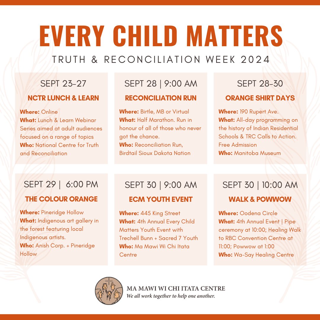 Ma_Mawi's tweet image. With the National Day for Truth and Reconciliation less than a week away, there are many opportunities around Winnipeg to learn our history, honour our relatives, and celebrate our culture.

If we missed your event, please comment below with details 👇