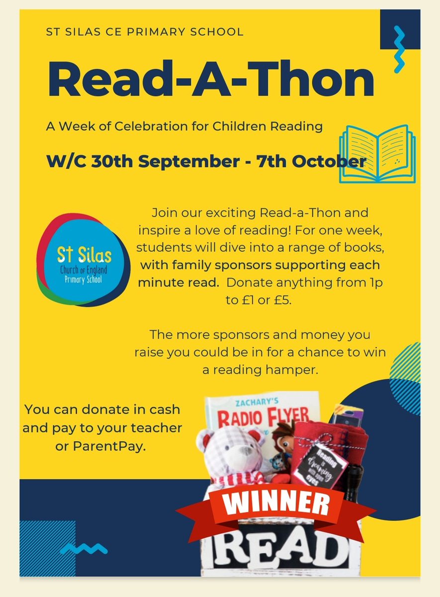 Read-A-Thon
 Next week, Silas is going to get stuck into a sponsored read. Children and staff can be sponsored with any amount of money for the amount of books and minutes they have read. The aim is to get as many people to sponsor and raise as much money as possible. Please RT.