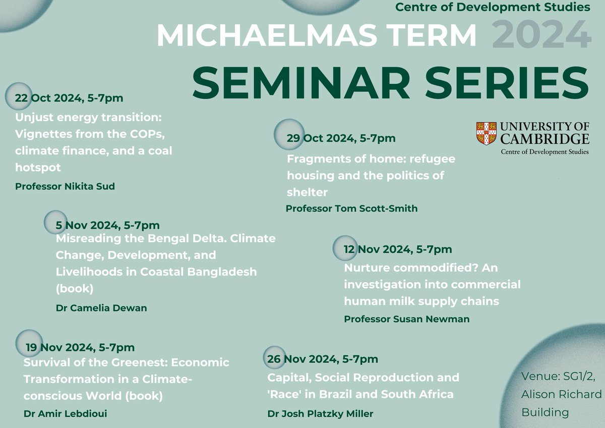 We've got a stellar line-up of speakers this term for our <a href="/CdsCambridge/">Cambridge Centre of Development Studies</a> seminar in Development Studies, including <a href="/professor_sud/">Nikita Sud</a>, <a href="/CameliaDewan/">Camelia Dewan, PhD @cameliadewan.bsky.social</a>, <a href="/Amirlbd/">Amir Lebdioui</a>, <a href="/susanamynewman/">Susan Newman</a>, @tomscottsmith, and <a href="/JPlatzkyMiller/">Josh Platzky Miller</a>. Can't wait!
