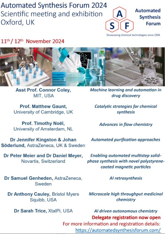 Registration closes on 18th October for #ASF2024 at Oxford Belfry Hotel &amp; Spa, 11-12th November 2024. Delegate and Exhibitor sign up at: automatedsynthesisforum.com