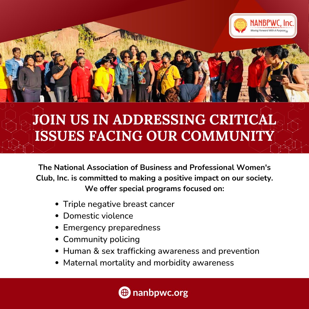 NANBPWC's tweet photo. Join us in addressing critical issues facing our community.

The National Association of Business and Professional Women's Club, Inc. is committed to making a positive impact on our society. We offer special programs focused on: https://t.co/nWMUWcASGJ