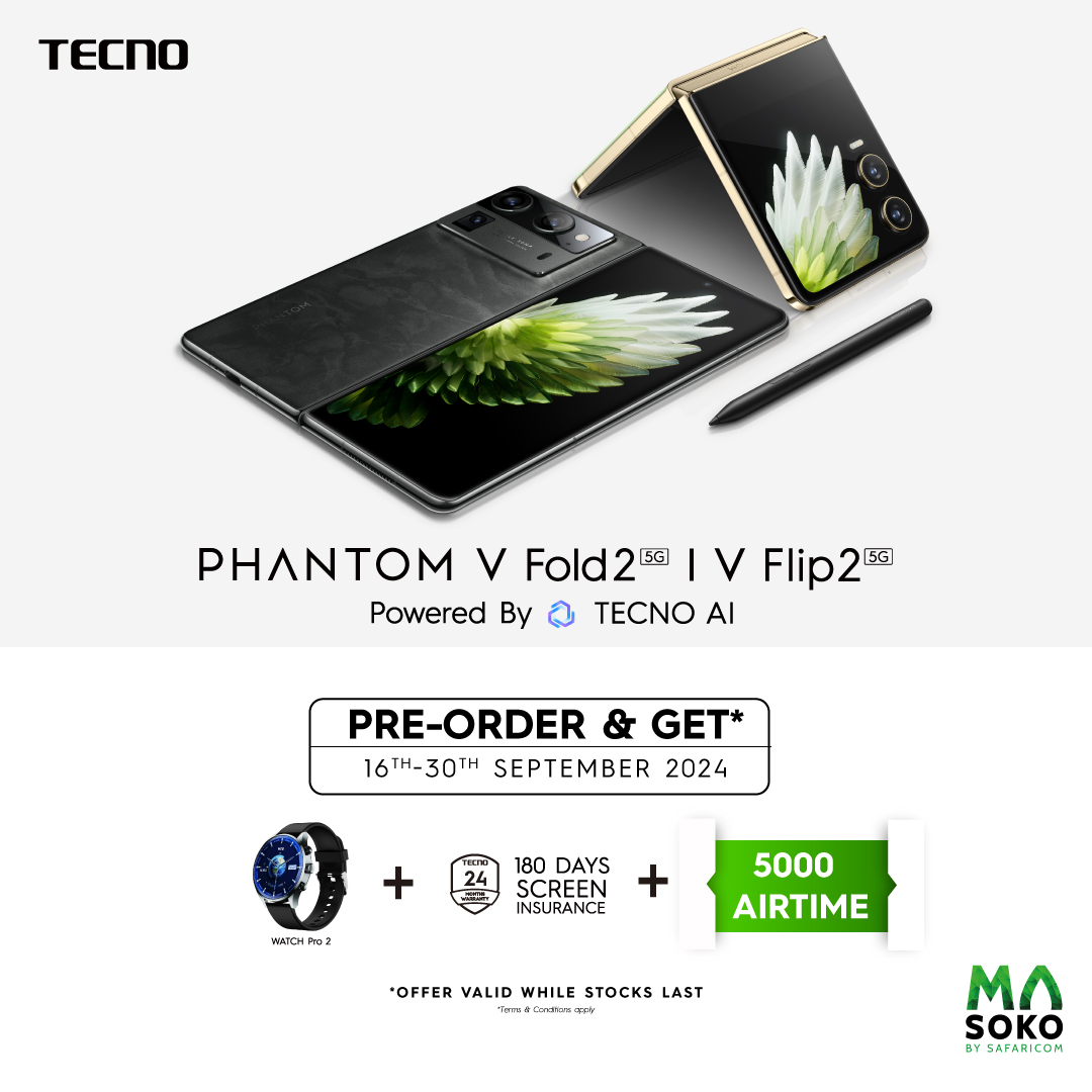 TECNOMobile254's tweet photo. Pre-order the PHANTOM V Fold 2 or V Flip 2 and get a free Watch Pro 2, 180 days of screen insurance, plus 5,000 KSh airtime! ๐ Valid 16th-30th Sept. Donโt miss out!
More info: https://t.co/5MMEZwcl9F
#PhantomVFold2 #PhantomVFlip2 #Masoko #Tecno #TecnoKenya https://t.co/wcPaBGWyc8