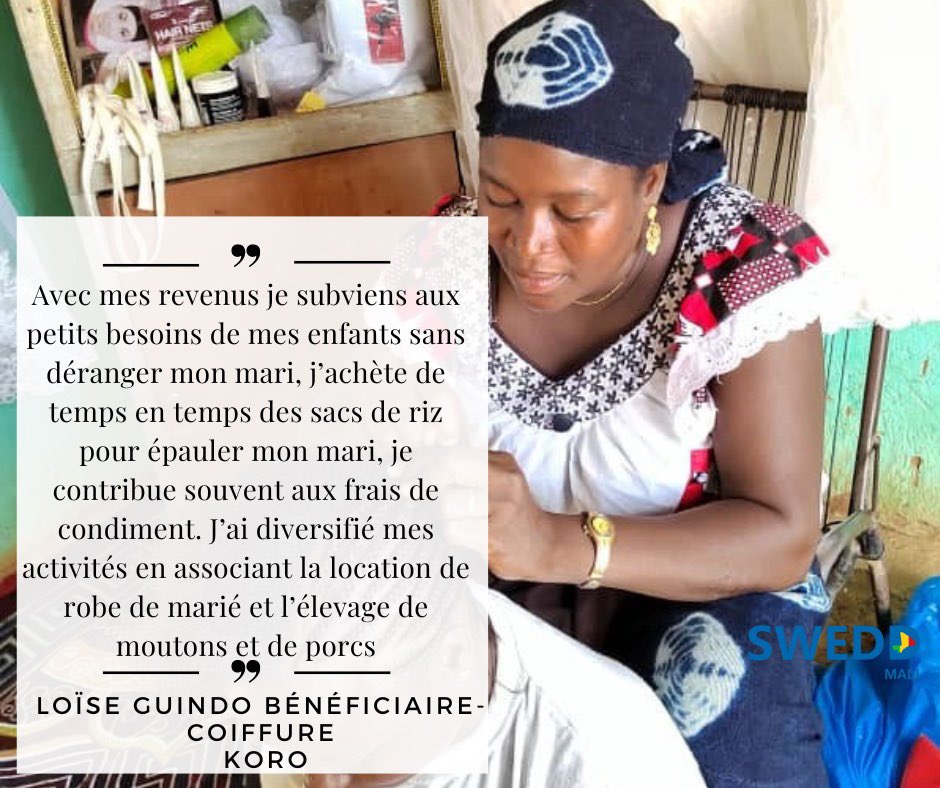#SWEDDMali_Impact #SWEDDHeroines 

Grace à ses stratégies combinées en faveur de l’autonomisation des filles et femmes au Mali, le SWEDD Mali contribue efficacement à la diminution de la pauvreté et au renforcement du capital humain. 
Loise GUINDO- Bénéficiaire en Coiffure- Koro