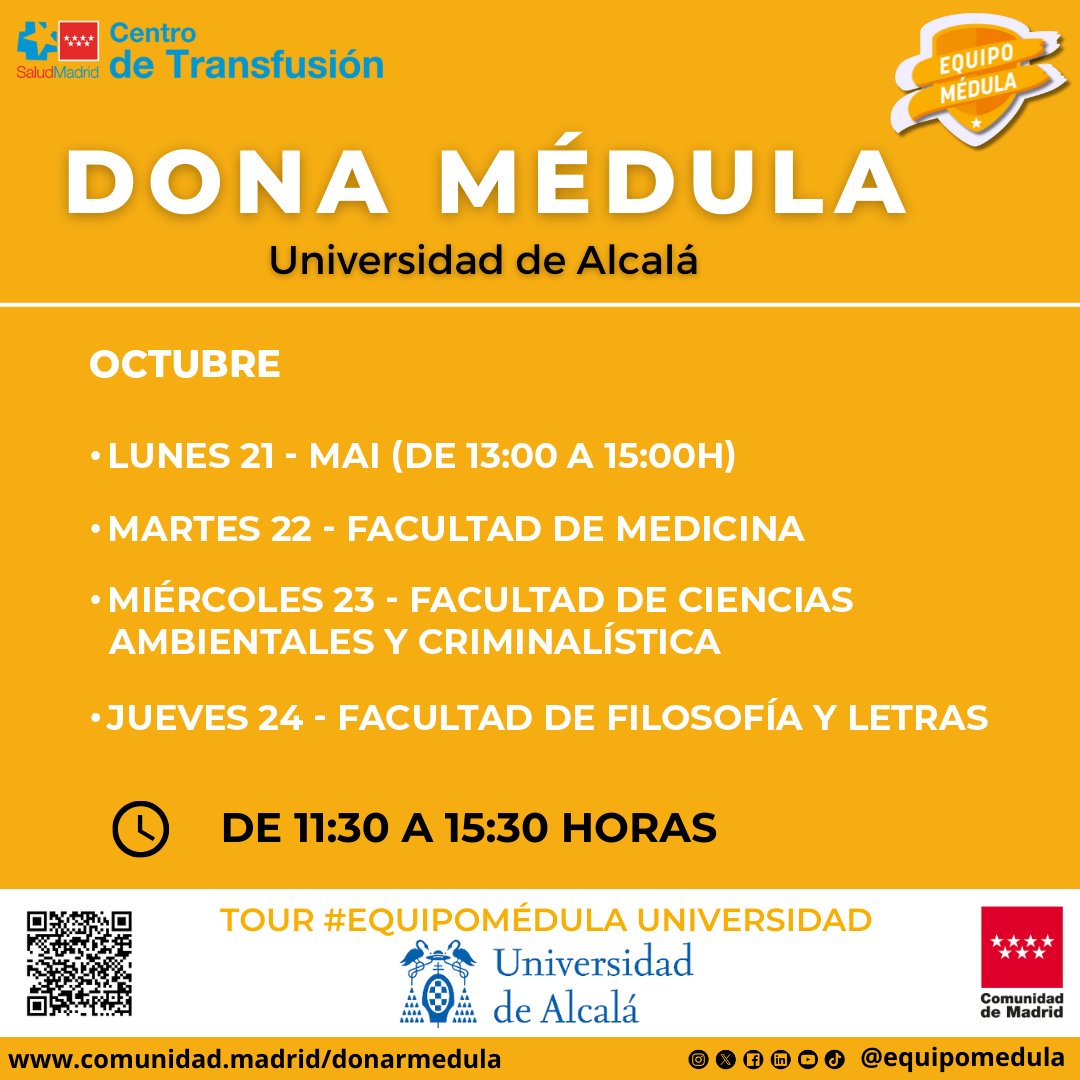 Anímate a participar en la Campaña de Médula Ósea,  que organiza el Equipo Médula del Centro de Transfusión de la Comunidad de Madrid, donde podrás informar sobre cómo ser donante de médula.
Puedes inscribirte hasta el 11 de octubre en: forms.office.com/e/bKVsetAwTx